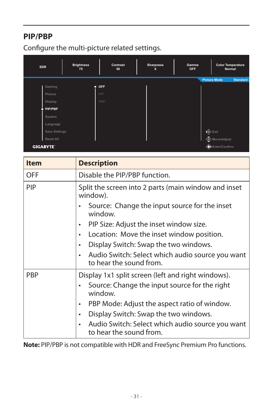 Pip/pbp, Configure the multi-picture related settings | GIGABYTE M32UC 31.5" 4K HDR 144 Hz Curved Gaming Monitor User Manual | Page 31 / 48