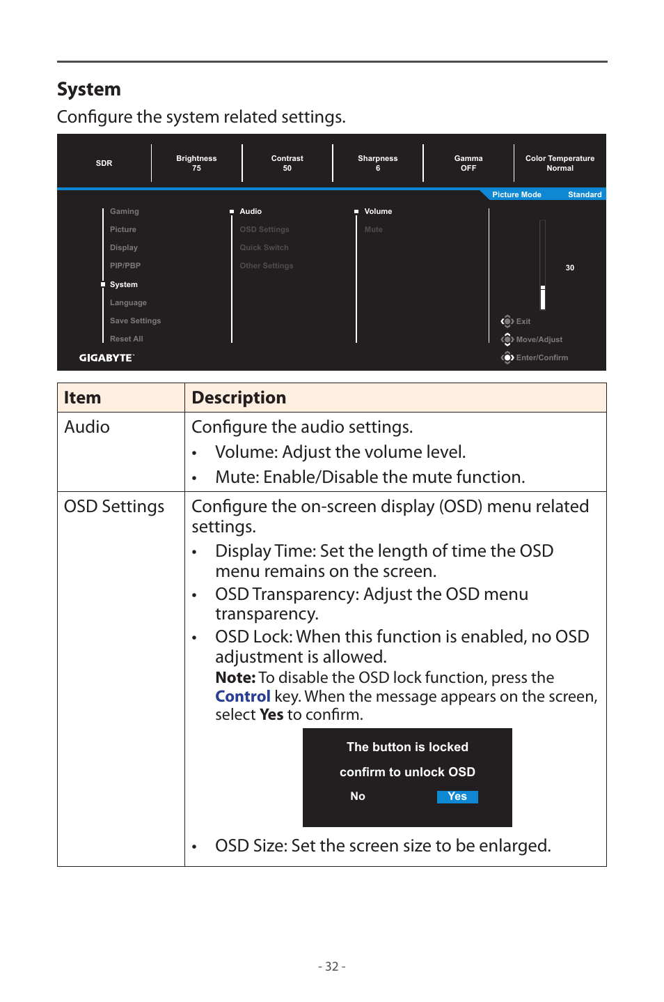 System, Configure the system related settings, Osd size: set the screen size to be enlarged | GIGABYTE M32UC 31.5" 4K HDR 144 Hz Curved Gaming Monitor User Manual | Page 32 / 48