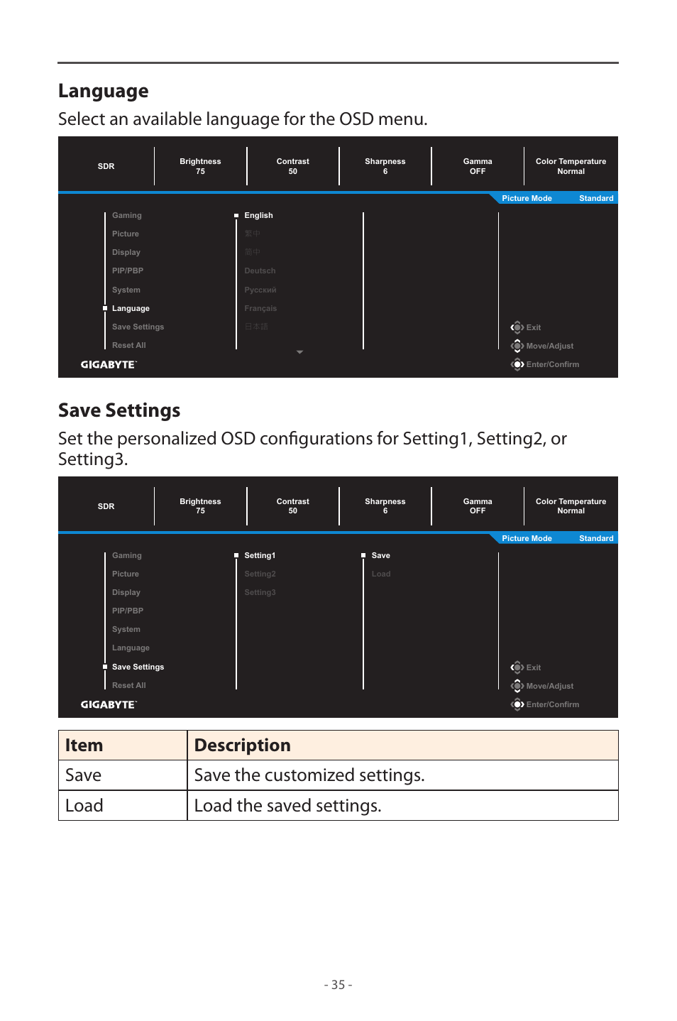 Language, Save settings, Select an available language for the osd menu | GIGABYTE M32UC 31.5" 4K HDR 144 Hz Curved Gaming Monitor User Manual | Page 35 / 48