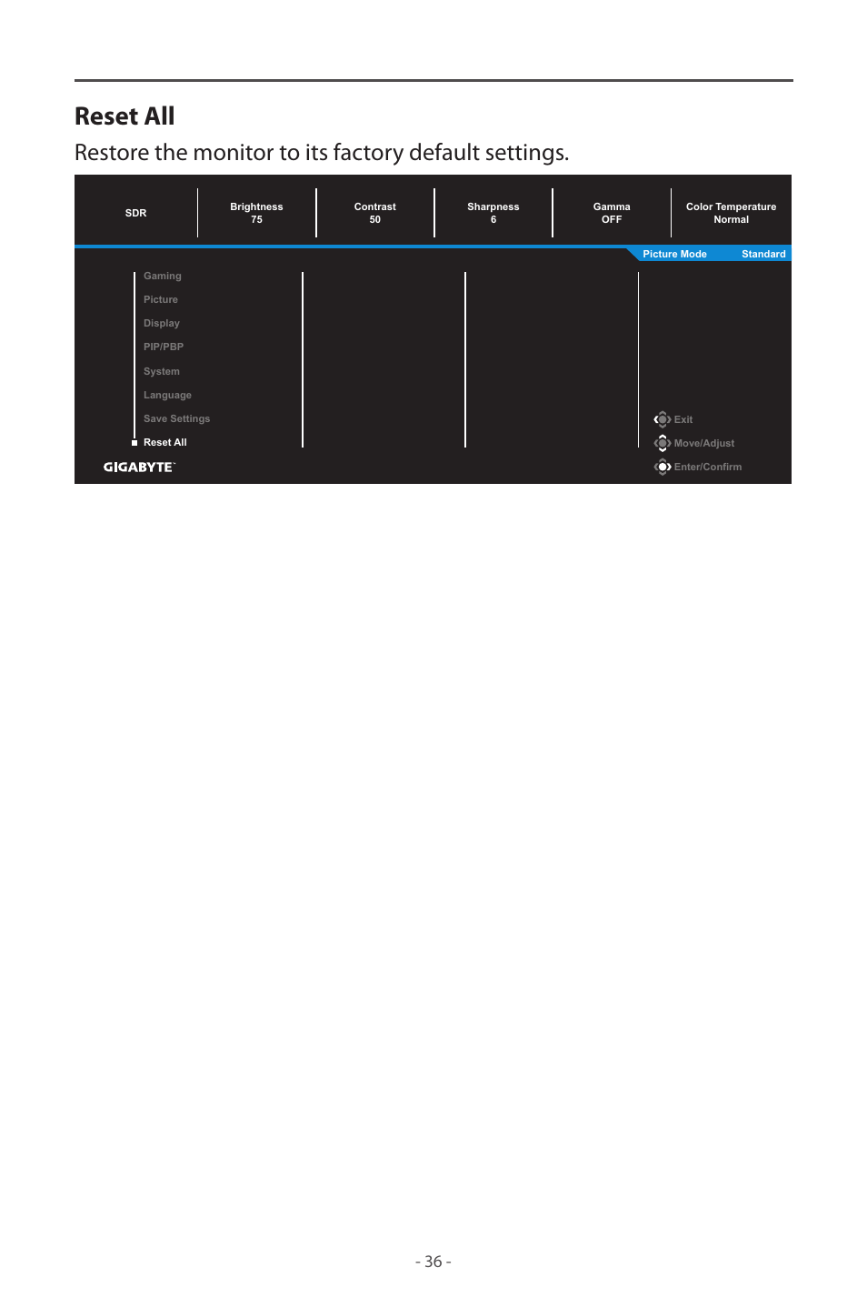 Reset all | GIGABYTE M32UC 31.5" 4K HDR 144 Hz Curved Gaming Monitor User Manual | Page 36 / 48