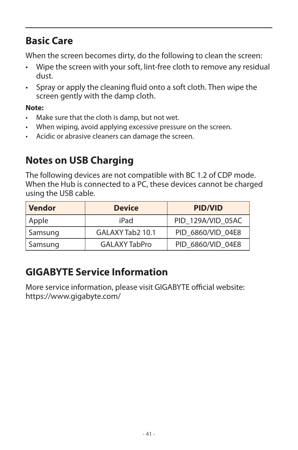 Basic care, Notes on usb charging, Gigabyte service information | GIGABYTE M32UC 31.5" 4K HDR 144 Hz Curved Gaming Monitor User Manual | Page 41 / 48