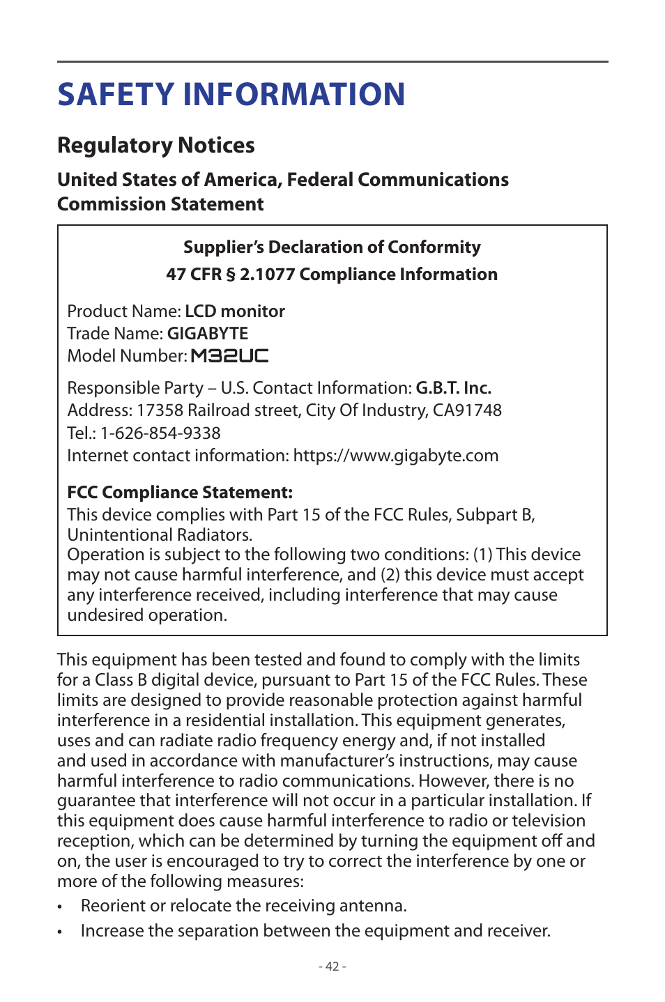 Safety information, Regulatory notices | GIGABYTE M32UC 31.5" 4K HDR 144 Hz Curved Gaming Monitor User Manual | Page 42 / 48