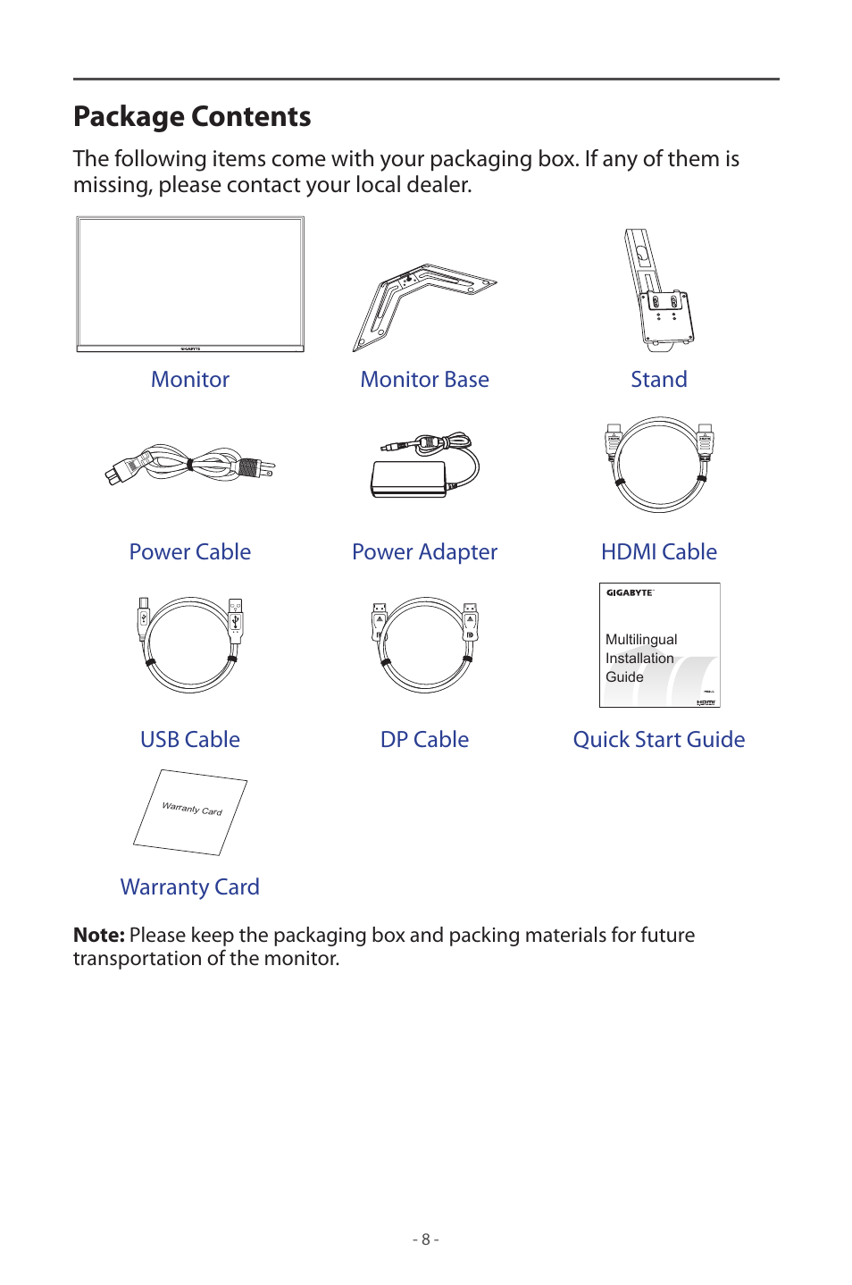 Package contents | GIGABYTE M32UC 31.5" 4K HDR 144 Hz Curved Gaming Monitor User Manual | Page 8 / 48