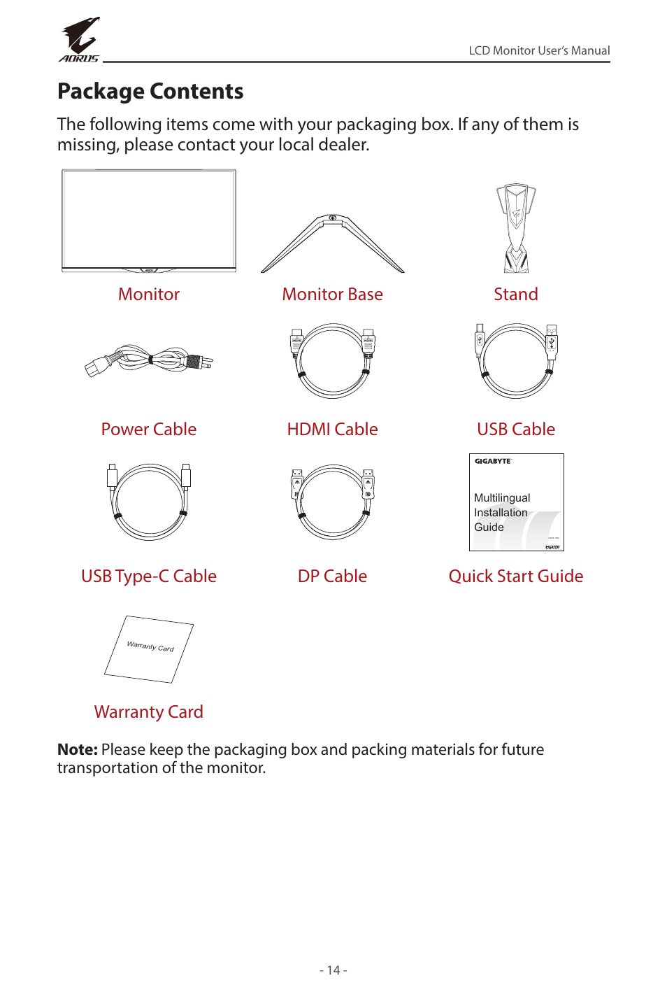 Package contents, Usb type-c cable dp cable quick start guide, Warranty card | GIGABYTE AORUS FI32U 31.5" 16:9 FreeSync 144 Hz 4K HDR IPS Gaming Monitor User Manual | Page 14 / 46