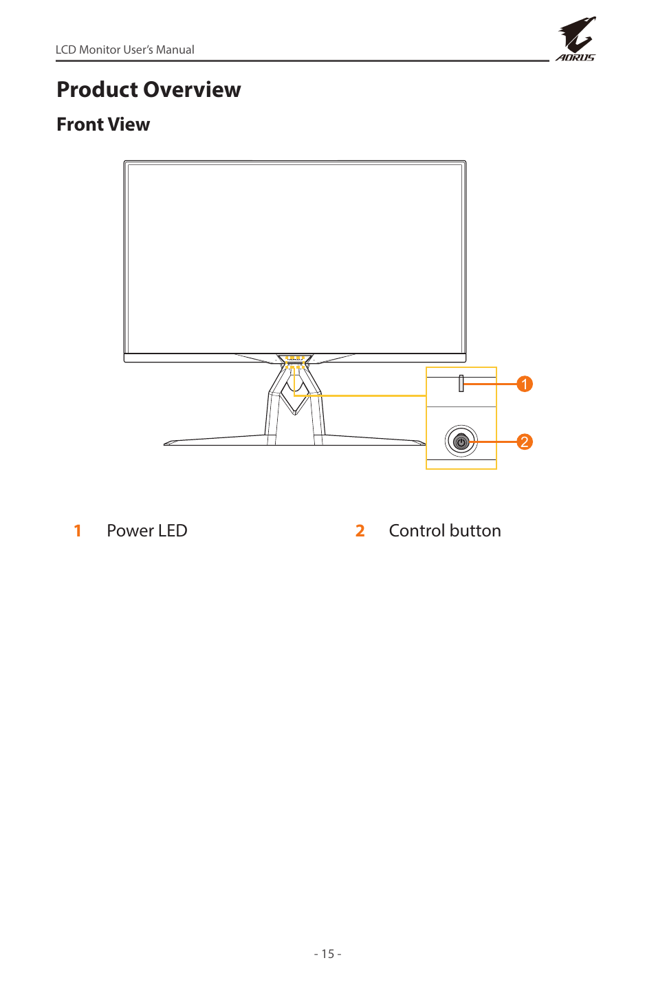 Product overview, Front view | GIGABYTE AORUS FI32U 31.5" 16:9 FreeSync 144 Hz 4K HDR IPS Gaming Monitor User Manual | Page 15 / 46