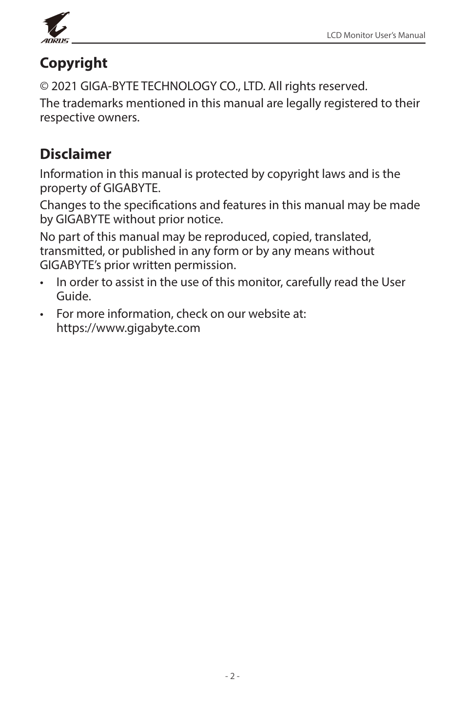 Copyright, Disclaimer | GIGABYTE AORUS FI32U 31.5" 16:9 FreeSync 144 Hz 4K HDR IPS Gaming Monitor User Manual | Page 2 / 46