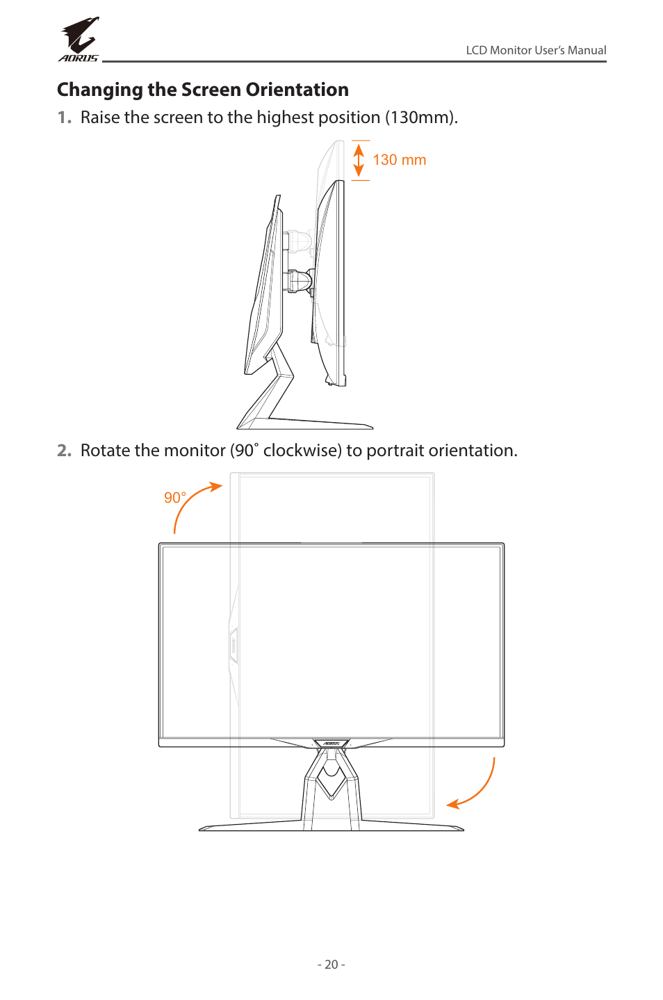 Changing the screen orientation | GIGABYTE AORUS FI32U 31.5" 16:9 FreeSync 144 Hz 4K HDR IPS Gaming Monitor User Manual | Page 20 / 46