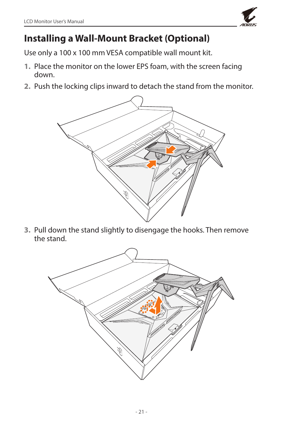 Installing a wall-mount bracket (optional) | GIGABYTE AORUS FI32U 31.5" 16:9 FreeSync 144 Hz 4K HDR IPS Gaming Monitor User Manual | Page 21 / 46