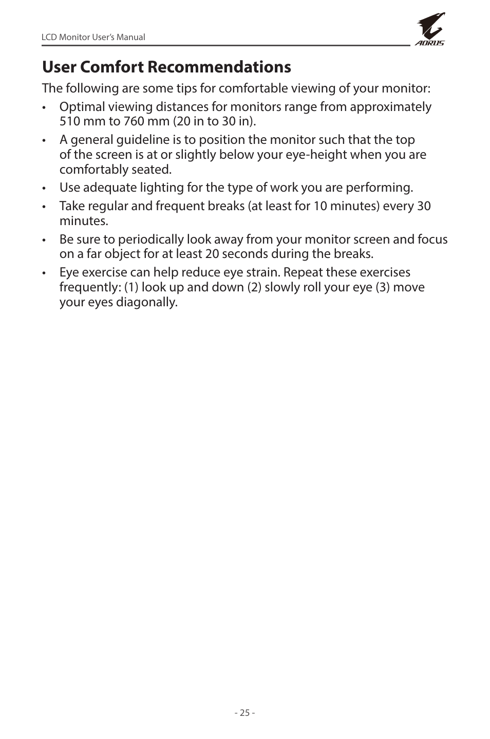 User comfort recommendations | GIGABYTE AORUS FI32U 31.5" 16:9 FreeSync 144 Hz 4K HDR IPS Gaming Monitor User Manual | Page 25 / 46