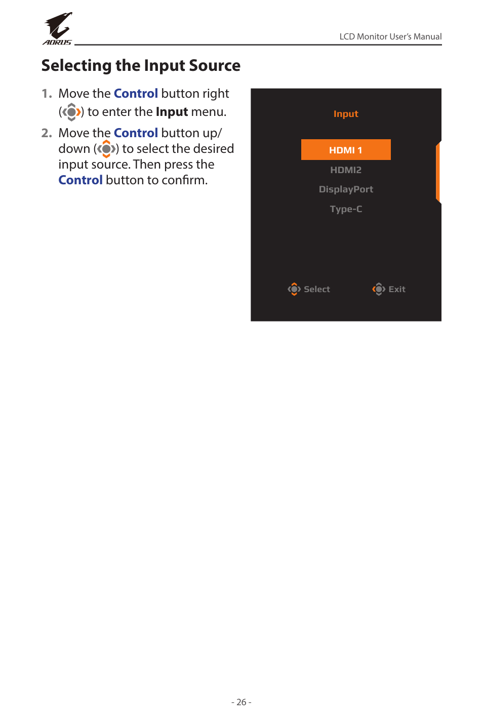 Selecting the input source | GIGABYTE AORUS FI32U 31.5" 16:9 FreeSync 144 Hz 4K HDR IPS Gaming Monitor User Manual | Page 26 / 46