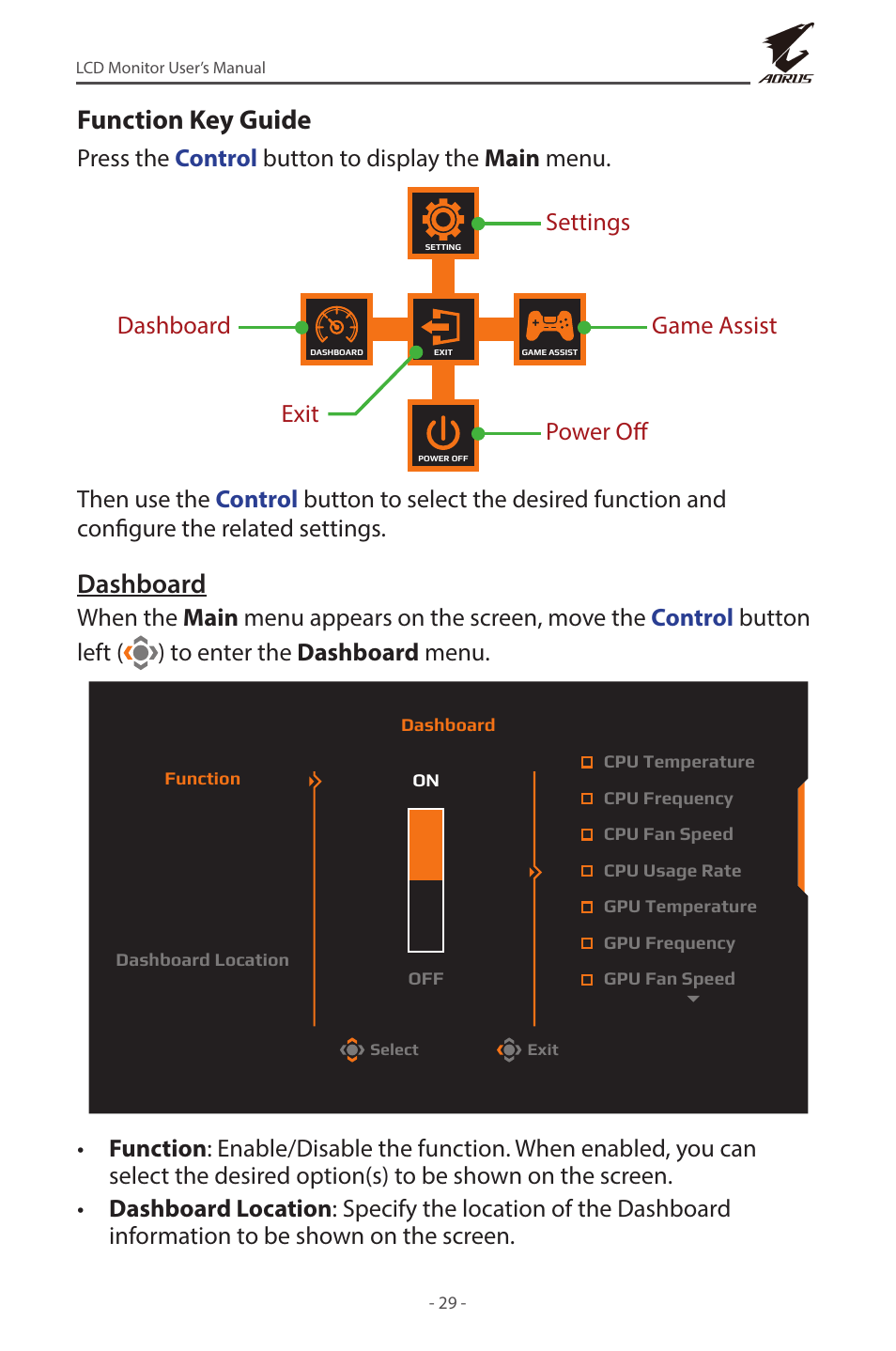 Function key guide, Dashboard, Press the control button to display the main menu | GIGABYTE AORUS FI32U 31.5" 16:9 FreeSync 144 Hz 4K HDR IPS Gaming Monitor User Manual | Page 29 / 46