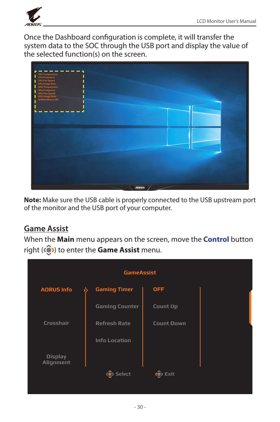 Game assist | GIGABYTE AORUS FI32U 31.5" 16:9 FreeSync 144 Hz 4K HDR IPS Gaming Monitor User Manual | Page 30 / 46
