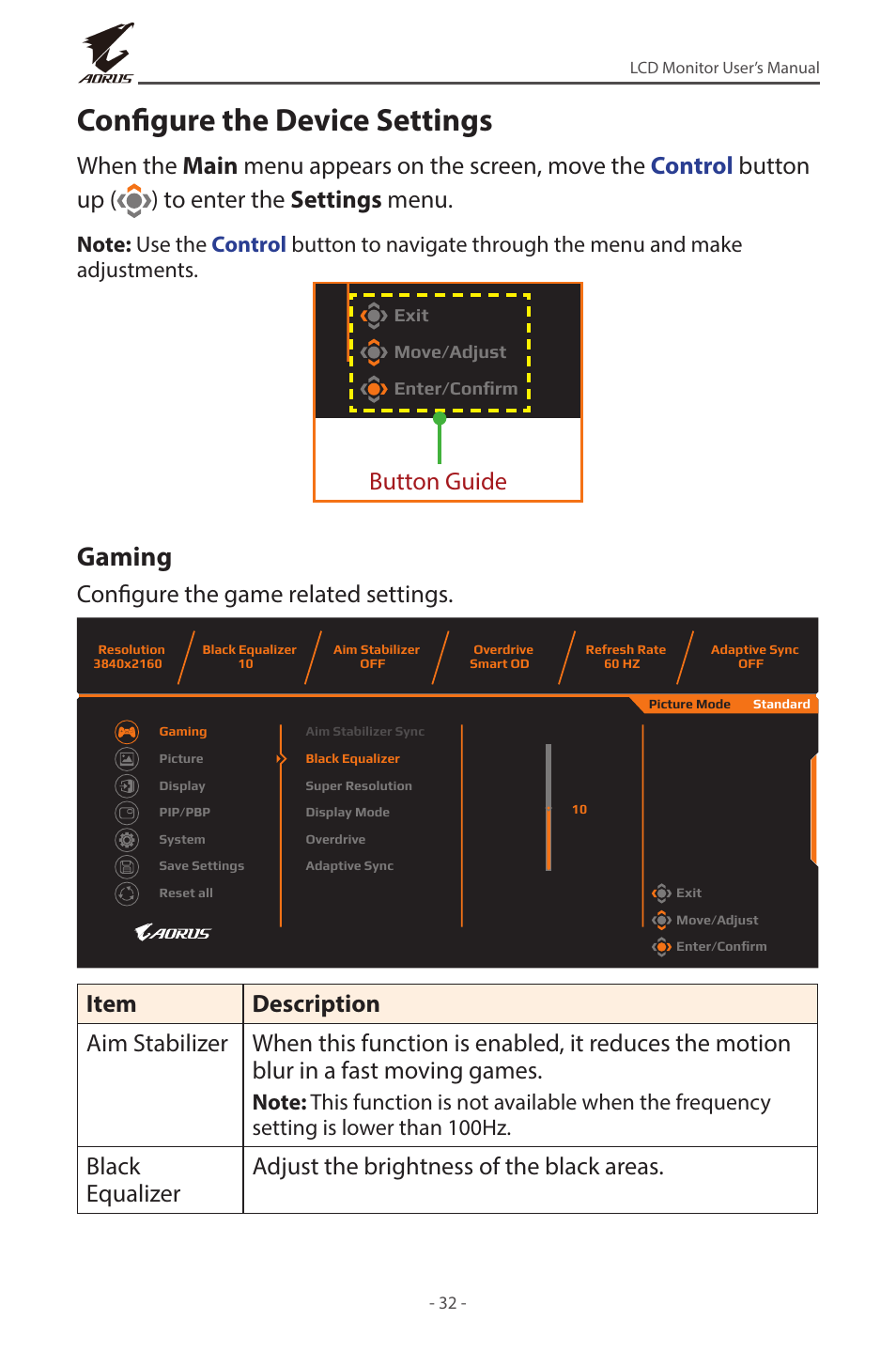 Configure the device settings, Gaming, Button guide | Configure the game related settings | GIGABYTE AORUS FI32U 31.5" 16:9 FreeSync 144 Hz 4K HDR IPS Gaming Monitor User Manual | Page 32 / 46