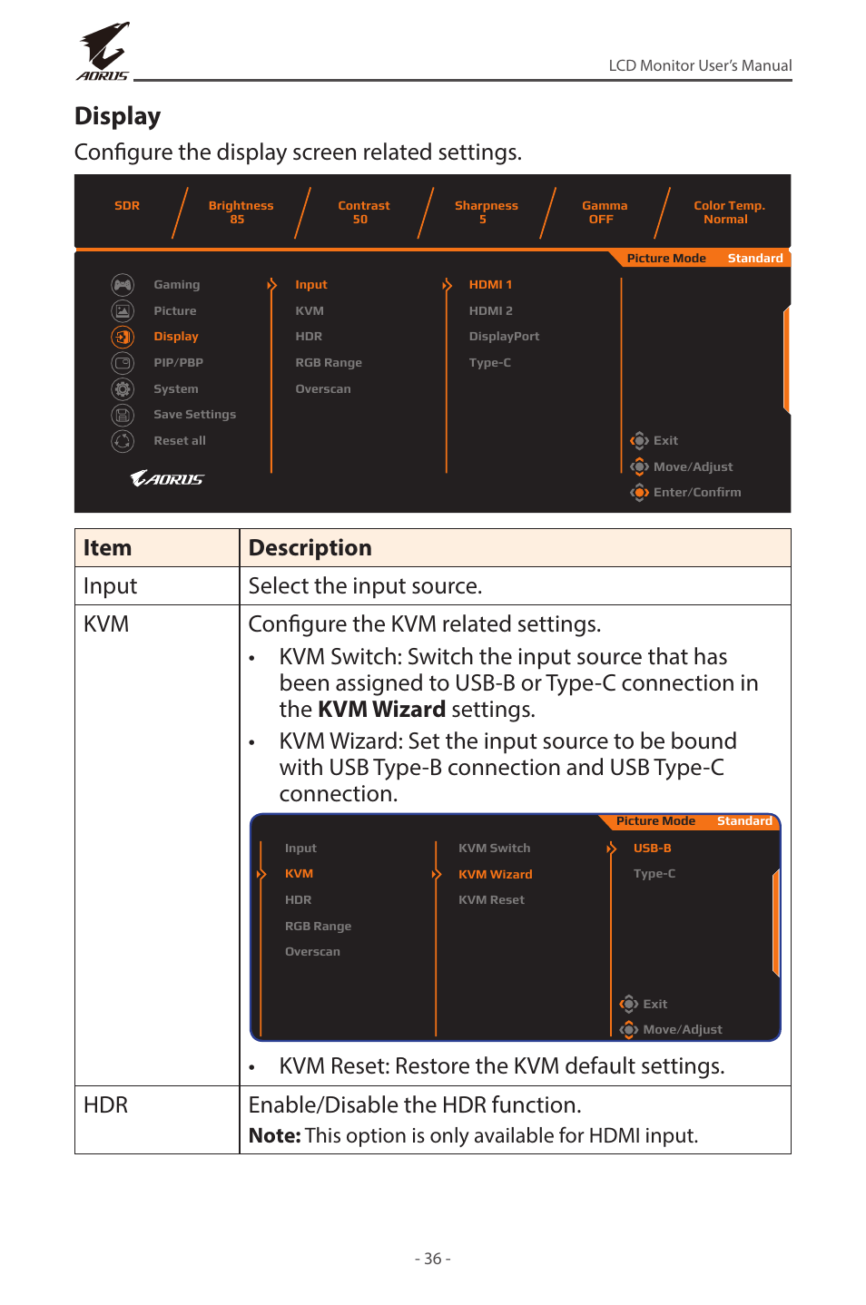 Display, Configure the display screen related settings | GIGABYTE AORUS FI32U 31.5" 16:9 FreeSync 144 Hz 4K HDR IPS Gaming Monitor User Manual | Page 36 / 46