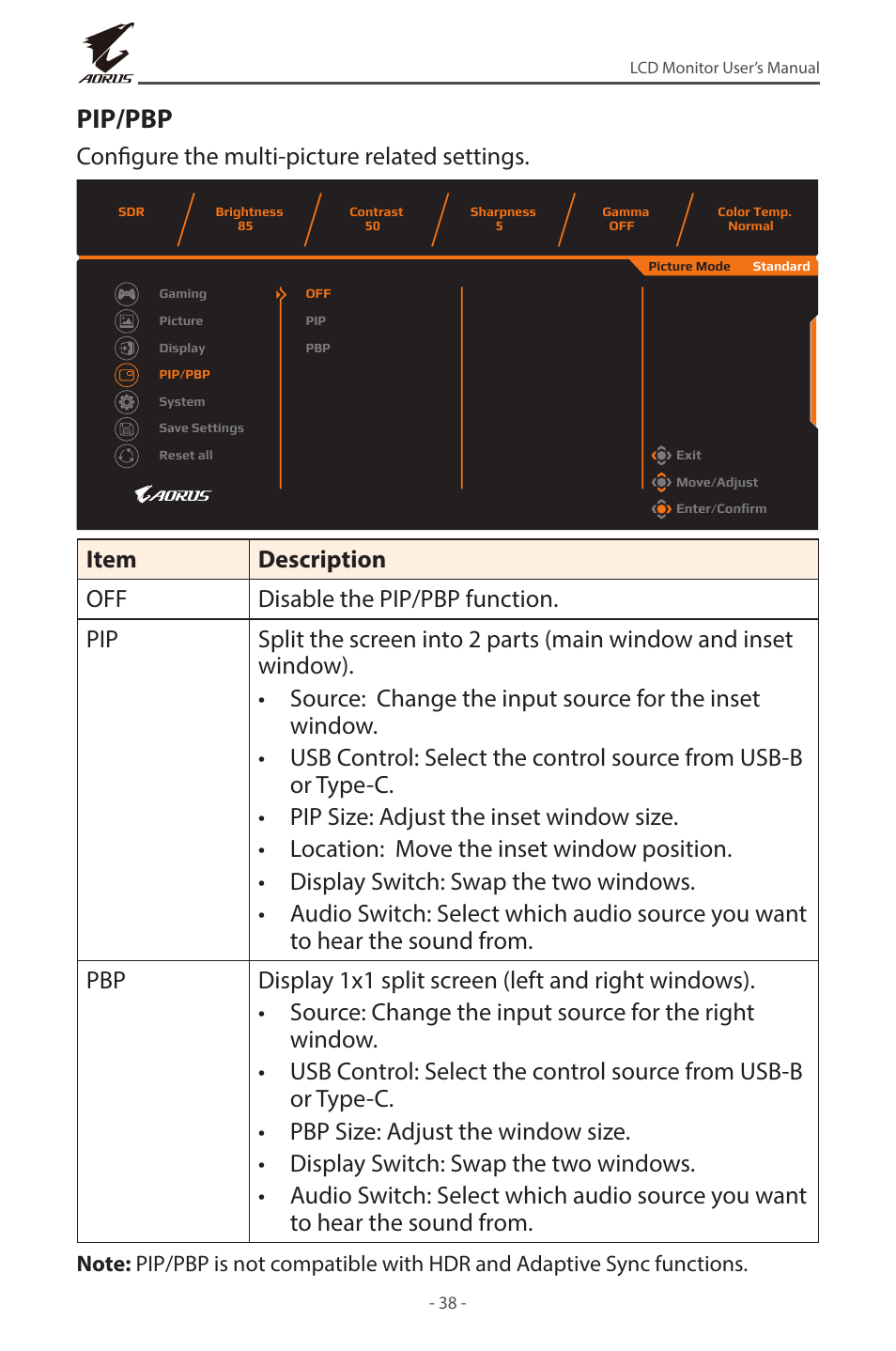 Pip/pbp, Configure the multi-picture related settings | GIGABYTE AORUS FI32U 31.5" 16:9 FreeSync 144 Hz 4K HDR IPS Gaming Monitor User Manual | Page 38 / 46