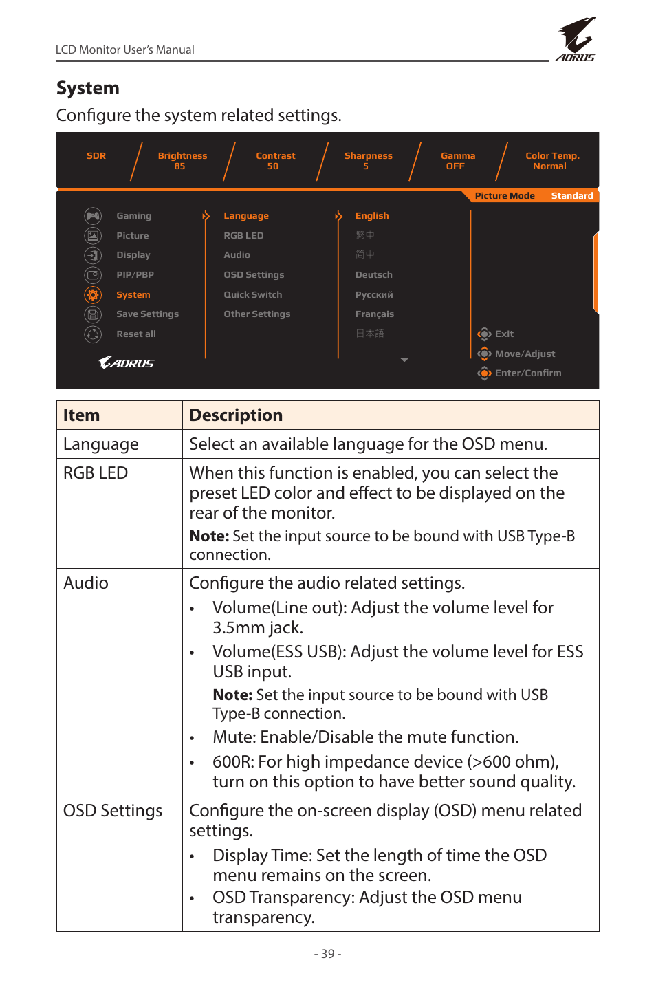 System, Configure the system related settings | GIGABYTE AORUS FI32U 31.5" 16:9 FreeSync 144 Hz 4K HDR IPS Gaming Monitor User Manual | Page 39 / 46