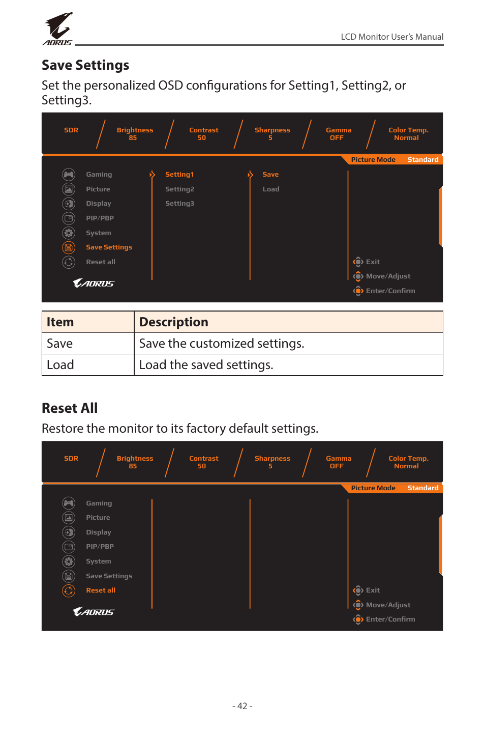 Save settings, Reset all | GIGABYTE AORUS FI32U 31.5" 16:9 FreeSync 144 Hz 4K HDR IPS Gaming Monitor User Manual | Page 42 / 46