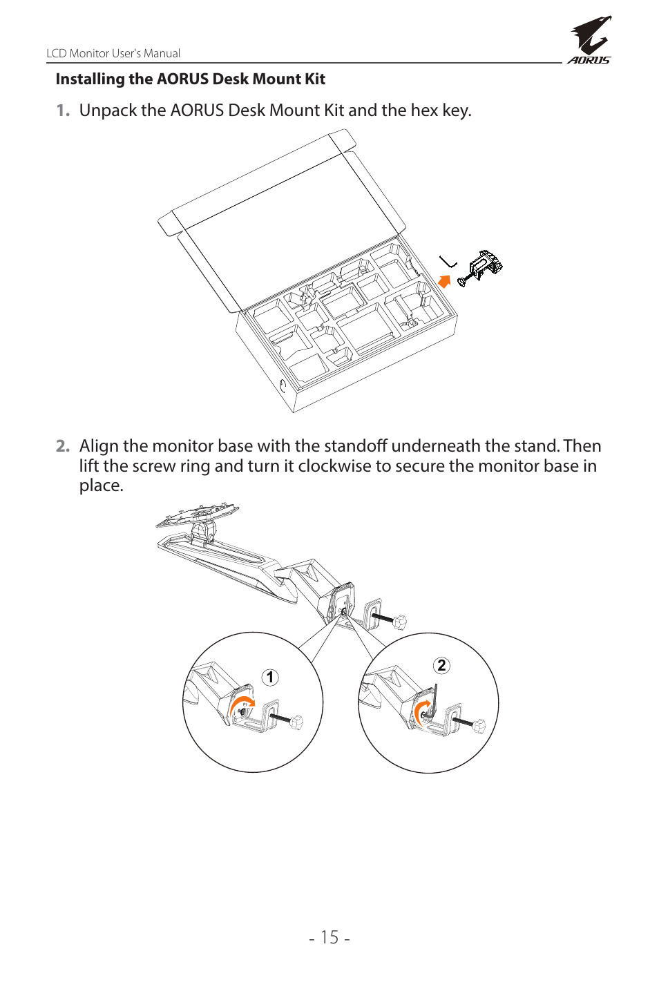 Installing the aorus desk mount kit | GIGABYTE AORUS FI32Q X 32" 16:9 FreeSync QHD 240 Hz HDR IPS Gaming Monitor User Manual | Page 15 / 53
