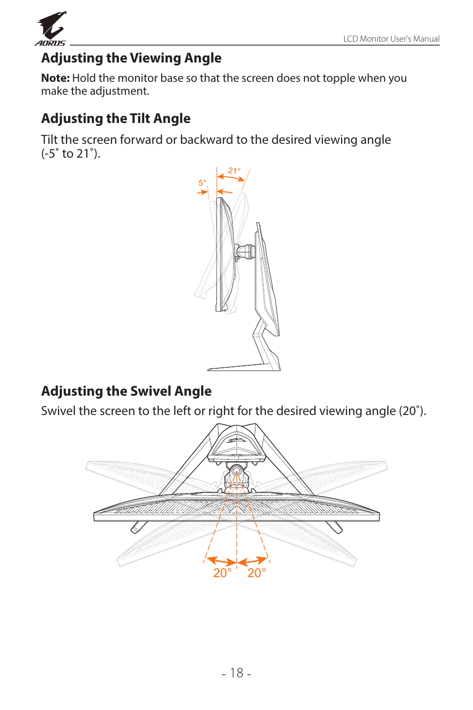 Adjusting the viewing angle | GIGABYTE AORUS FI32Q X 32" 16:9 FreeSync QHD 240 Hz HDR IPS Gaming Monitor User Manual | Page 18 / 53