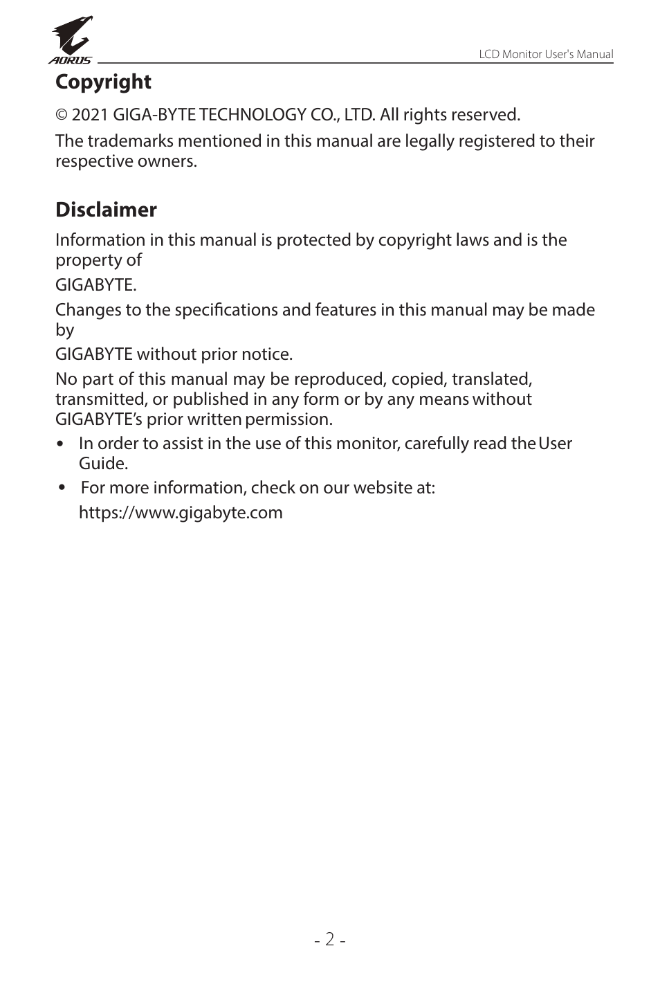 Copyright, Disclaimer | GIGABYTE AORUS FI32Q X 32" 16:9 FreeSync QHD 240 Hz HDR IPS Gaming Monitor User Manual | Page 2 / 53