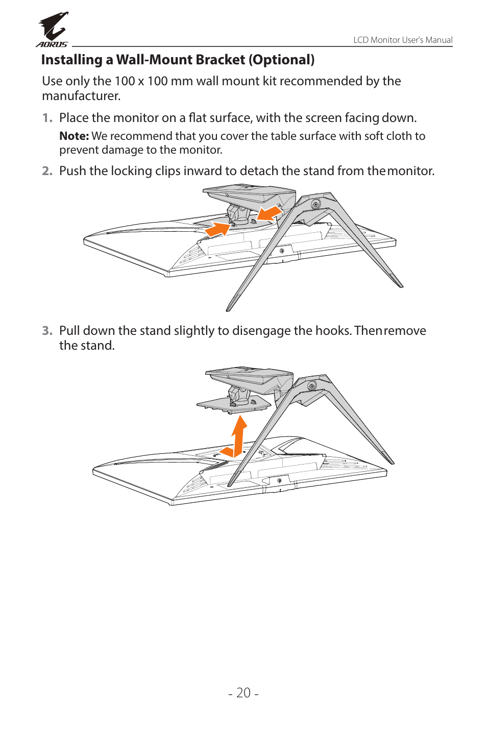 Installing a wall-mount bracket (optional) | GIGABYTE AORUS FI32Q X 32" 16:9 FreeSync QHD 240 Hz HDR IPS Gaming Monitor User Manual | Page 20 / 53