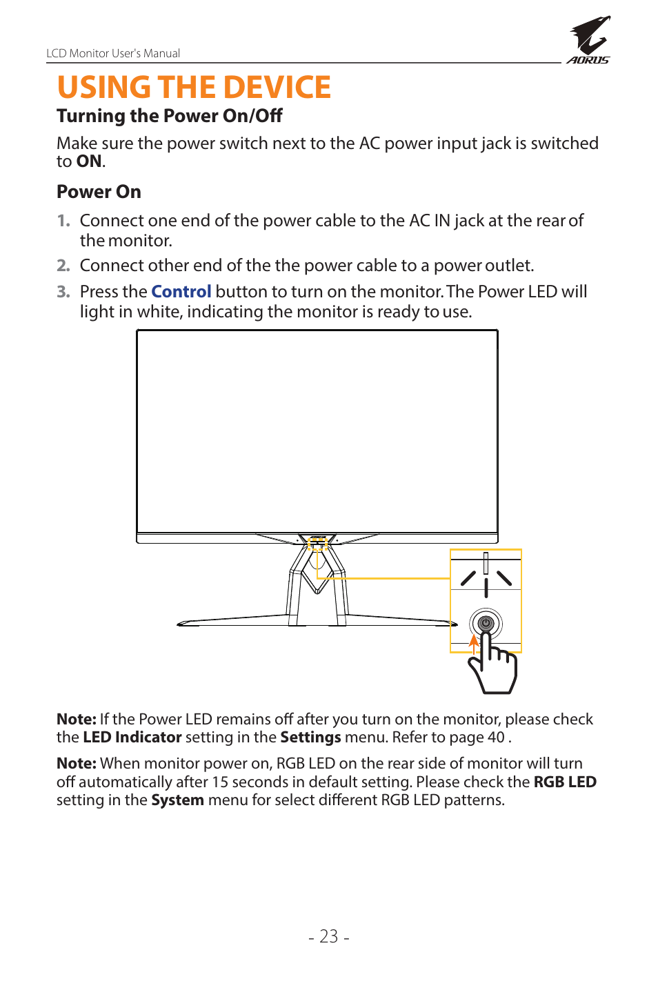 Using the device, Turning the power on/off | GIGABYTE AORUS FI32Q X 32" 16:9 FreeSync QHD 240 Hz HDR IPS Gaming Monitor User Manual | Page 23 / 53