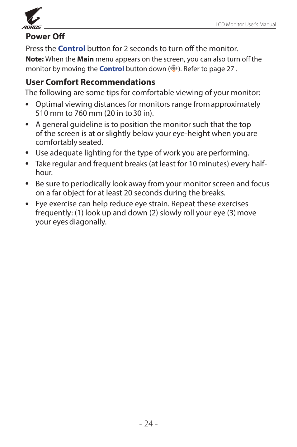 User comfort recommendations | GIGABYTE AORUS FI32Q X 32" 16:9 FreeSync QHD 240 Hz HDR IPS Gaming Monitor User Manual | Page 24 / 53