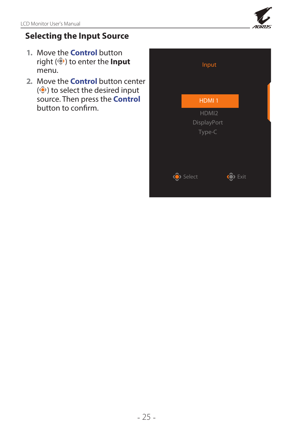 Selecting the input source, 25 - selecting the input source | GIGABYTE AORUS FI32Q X 32" 16:9 FreeSync QHD 240 Hz HDR IPS Gaming Monitor User Manual | Page 25 / 53