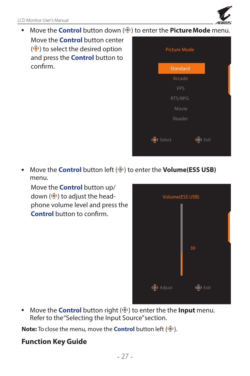 Function key guide | GIGABYTE AORUS FI32Q X 32" 16:9 FreeSync QHD 240 Hz HDR IPS Gaming Monitor User Manual | Page 27 / 53