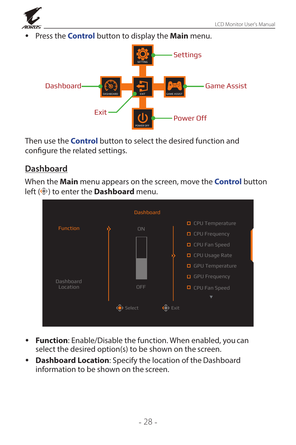 Dashboard, Press the control button to display the main menu | GIGABYTE AORUS FI32Q X 32" 16:9 FreeSync QHD 240 Hz HDR IPS Gaming Monitor User Manual | Page 28 / 53