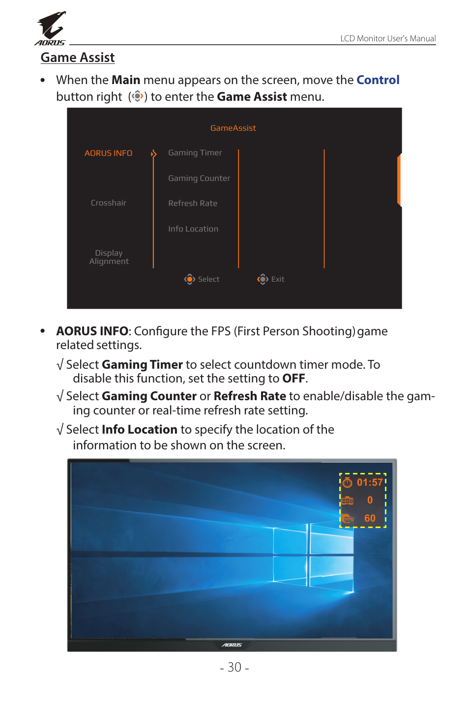 30 - game assist | GIGABYTE AORUS FI32Q X 32" 16:9 FreeSync QHD 240 Hz HDR IPS Gaming Monitor User Manual | Page 30 / 53