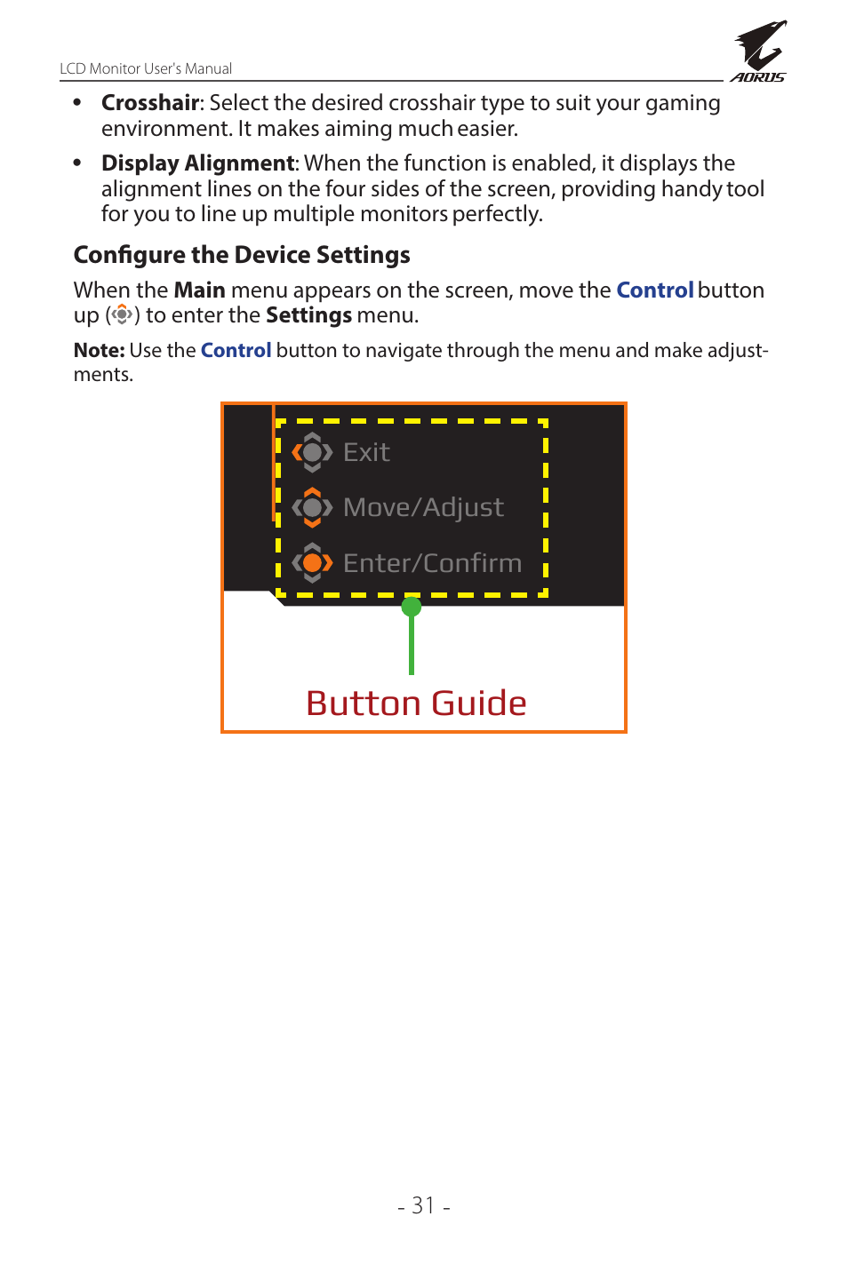Configure the device settings, Button guide, Exit move/adjust enter/confirm | GIGABYTE AORUS FI32Q X 32" 16:9 FreeSync QHD 240 Hz HDR IPS Gaming Monitor User Manual | Page 31 / 53