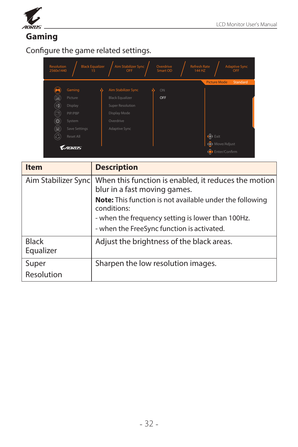 32 - gaming, Configure the game related settings | GIGABYTE AORUS FI32Q X 32" 16:9 FreeSync QHD 240 Hz HDR IPS Gaming Monitor User Manual | Page 32 / 53