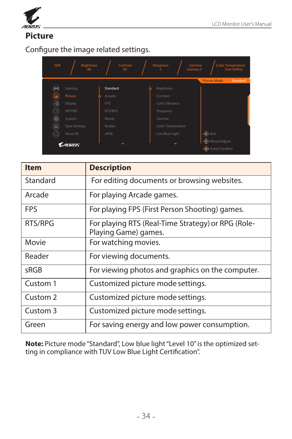 34 - picture, Configure the image related settings | GIGABYTE AORUS FI32Q X 32" 16:9 FreeSync QHD 240 Hz HDR IPS Gaming Monitor User Manual | Page 34 / 53