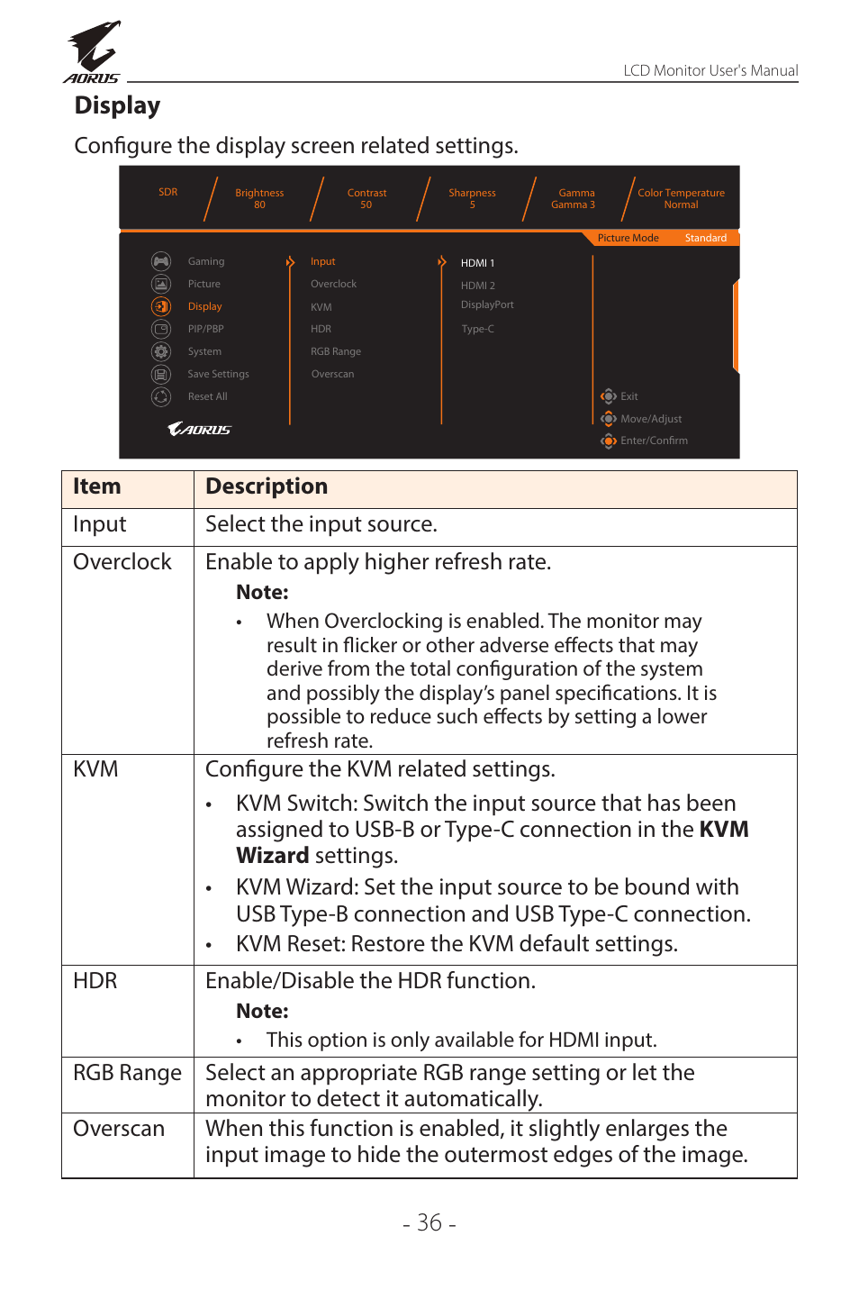 36 - display, Configure the display screen related settings | GIGABYTE AORUS FI32Q X 32" 16:9 FreeSync QHD 240 Hz HDR IPS Gaming Monitor User Manual | Page 36 / 53