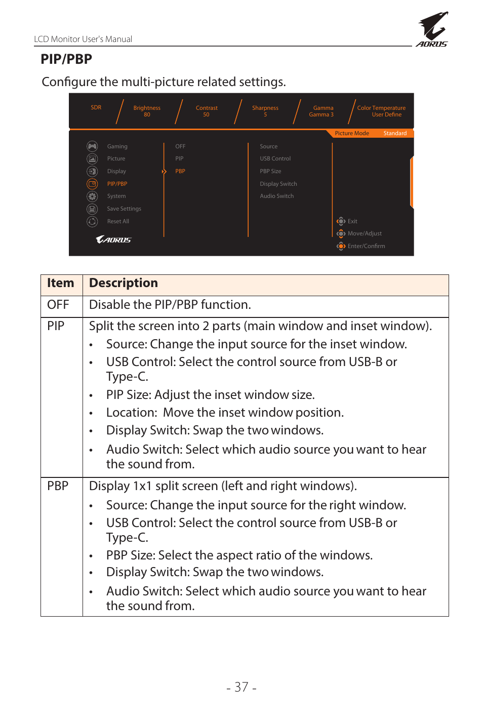 37 - pip/pbp, Configure the multi-picture related settings | GIGABYTE AORUS FI32Q X 32" 16:9 FreeSync QHD 240 Hz HDR IPS Gaming Monitor User Manual | Page 37 / 53