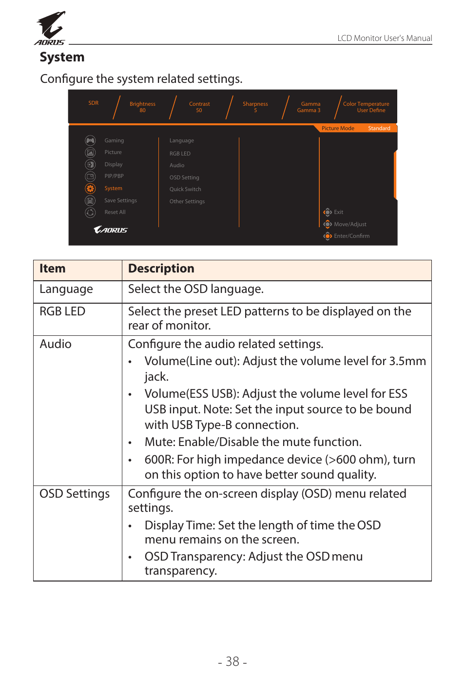 38 - system, Configure the system related settings | GIGABYTE AORUS FI32Q X 32" 16:9 FreeSync QHD 240 Hz HDR IPS Gaming Monitor User Manual | Page 38 / 53