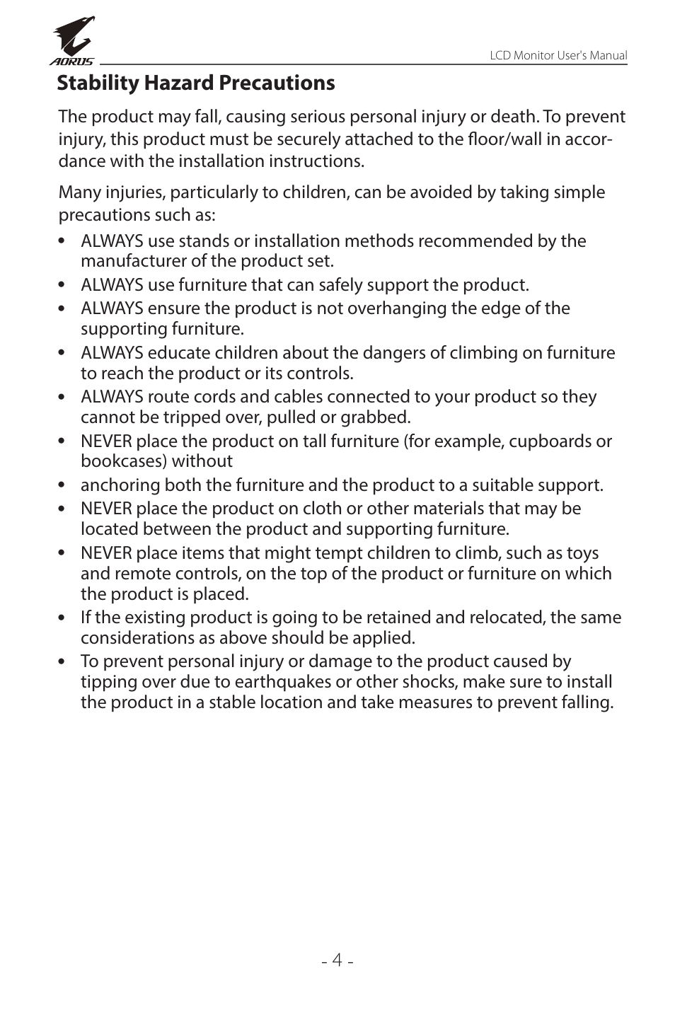 Stability hazard precautions | GIGABYTE AORUS FI32Q X 32" 16:9 FreeSync QHD 240 Hz HDR IPS Gaming Monitor User Manual | Page 4 / 53