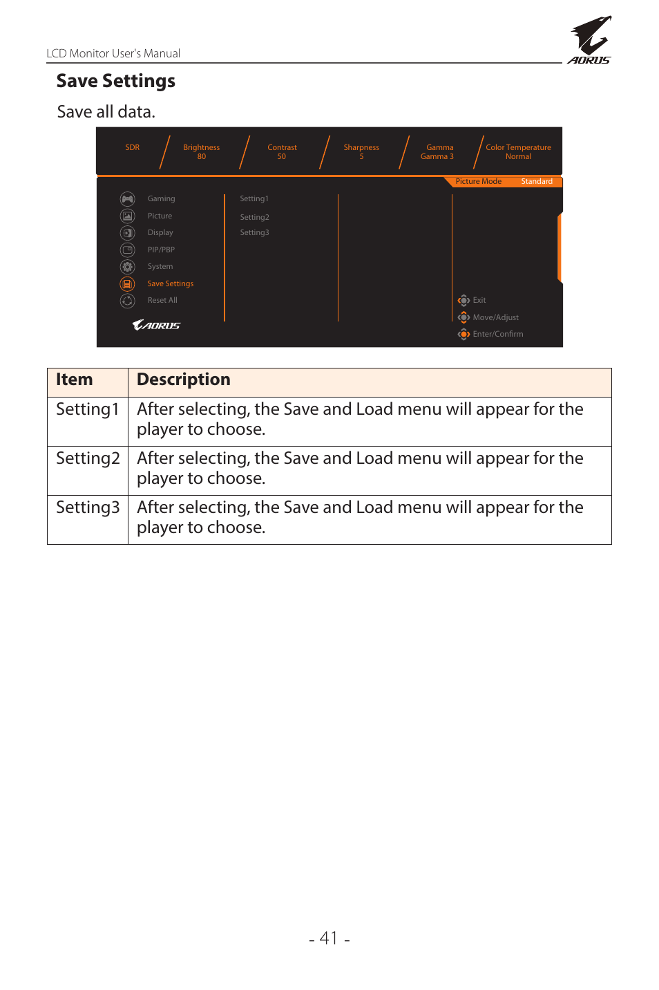 41 - save settings, Save all data | GIGABYTE AORUS FI32Q X 32" 16:9 FreeSync QHD 240 Hz HDR IPS Gaming Monitor User Manual | Page 41 / 53