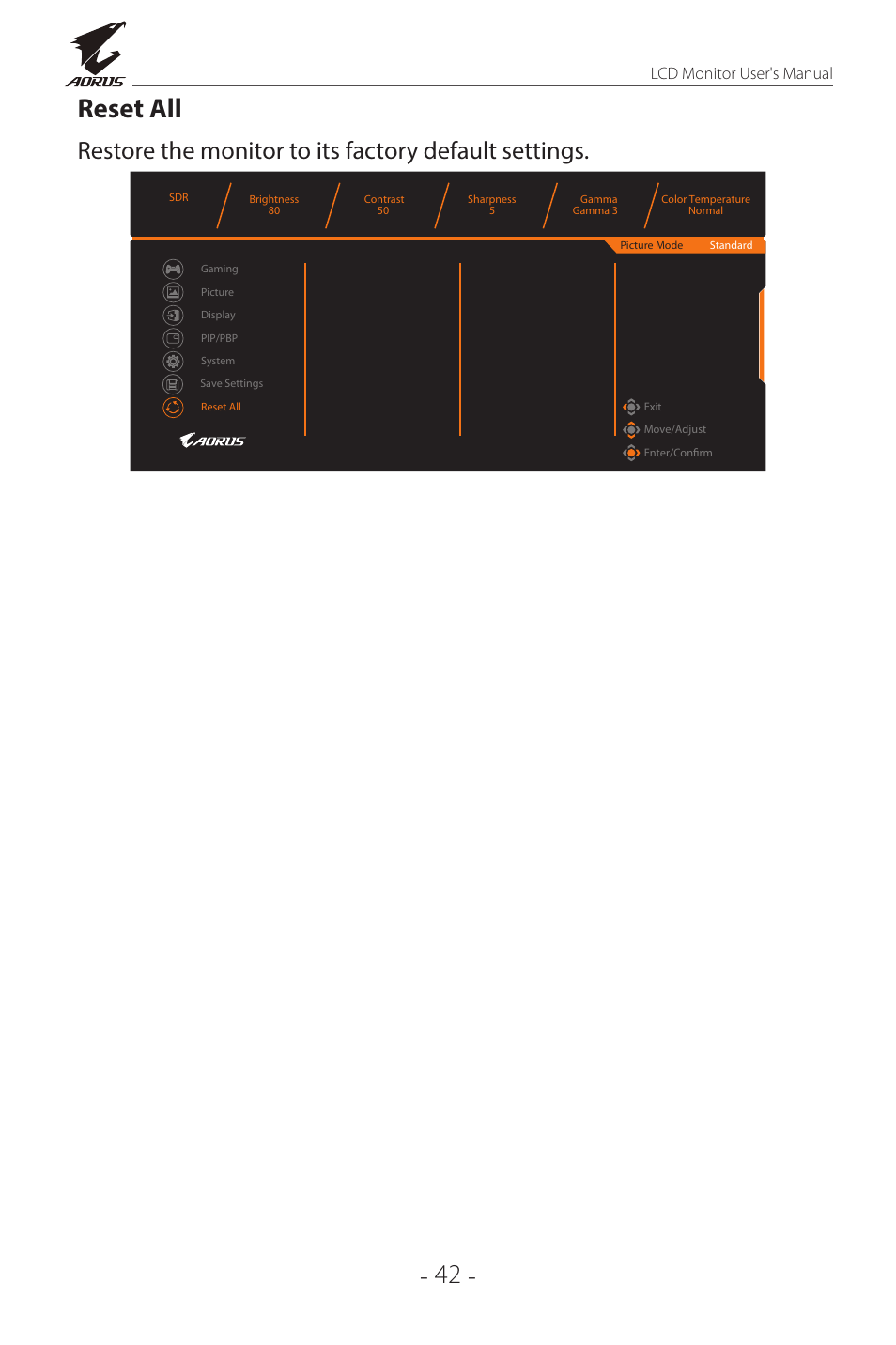 42 - reset all, Lcd monitor user's manual | GIGABYTE AORUS FI32Q X 32