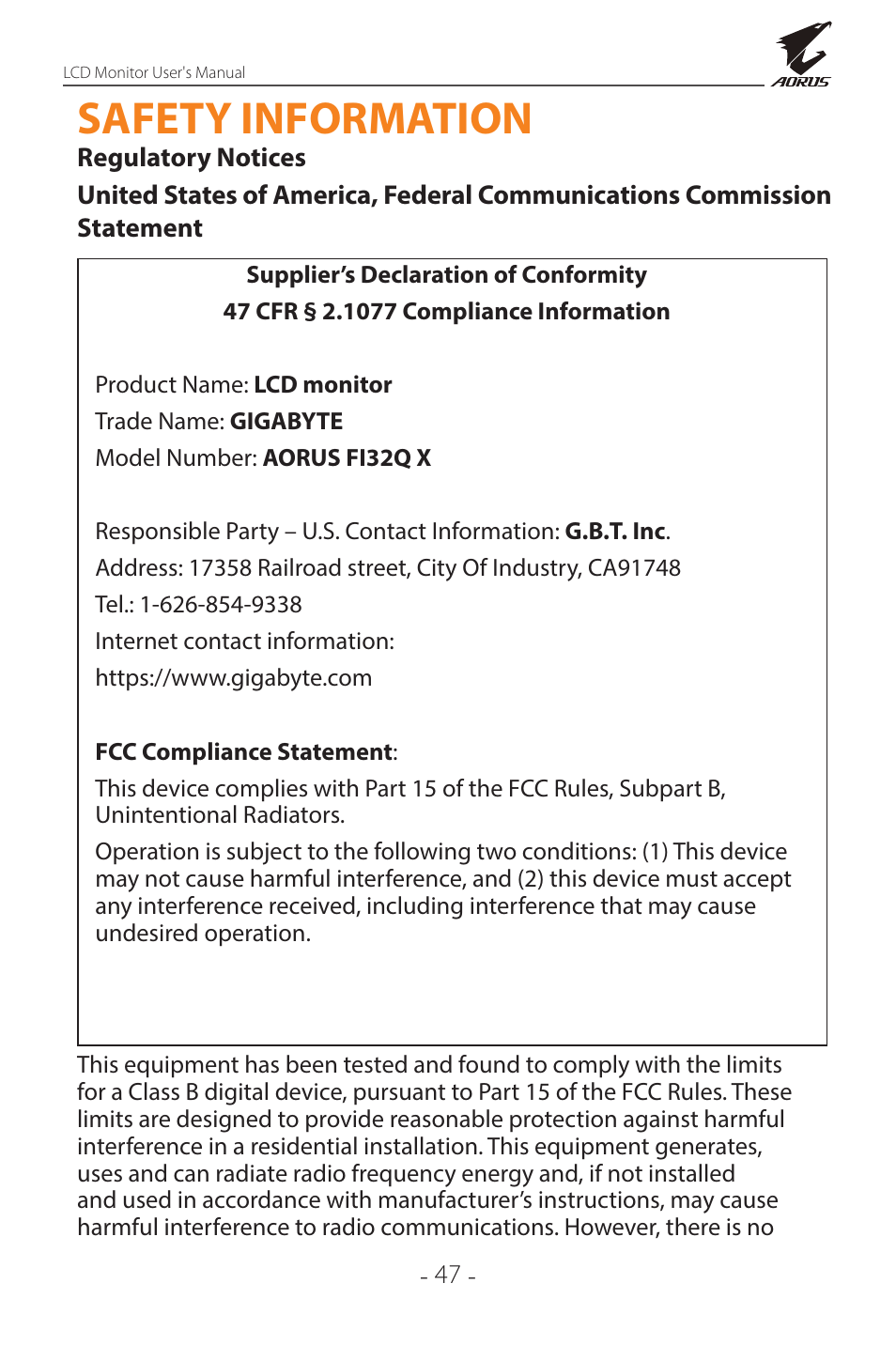 Safety information, Regulatory notices | GIGABYTE AORUS FI32Q X 32" 16:9 FreeSync QHD 240 Hz HDR IPS Gaming Monitor User Manual | Page 47 / 53