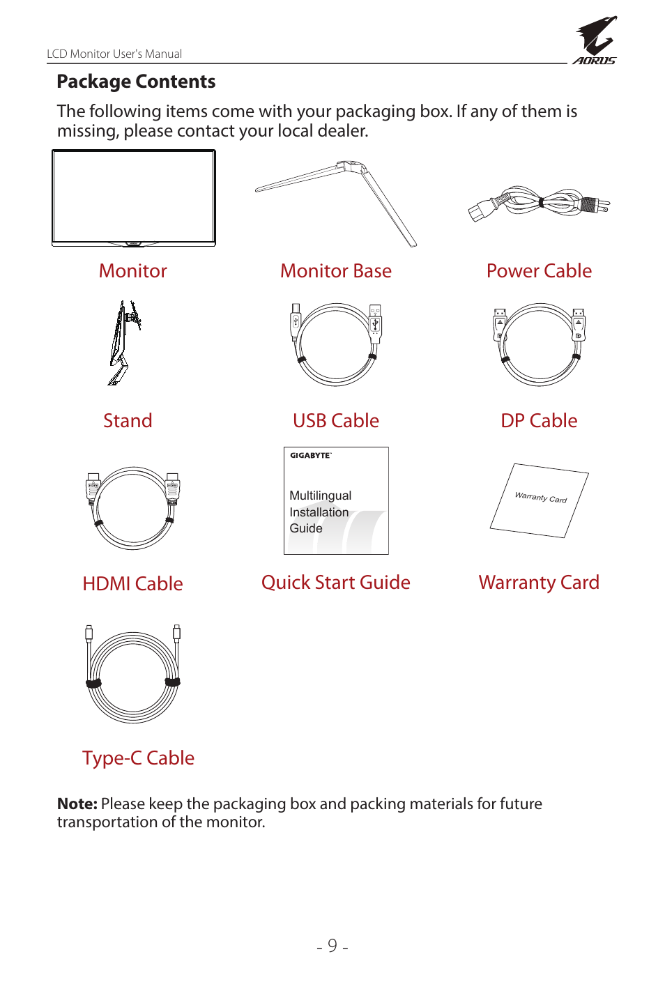 Package contents, Quick start guide warranty card | GIGABYTE AORUS FI32Q X 32" 16:9 FreeSync QHD 240 Hz HDR IPS Gaming Monitor User Manual | Page 9 / 53
