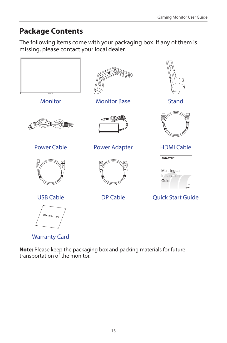 Package contents, Usb cable dp cable quick start guide, Warranty card | GIGABYTE G32QC A 31.5" 1440p HDR 165 Hz Curved Gaming Monitor User Manual | Page 13 / 42