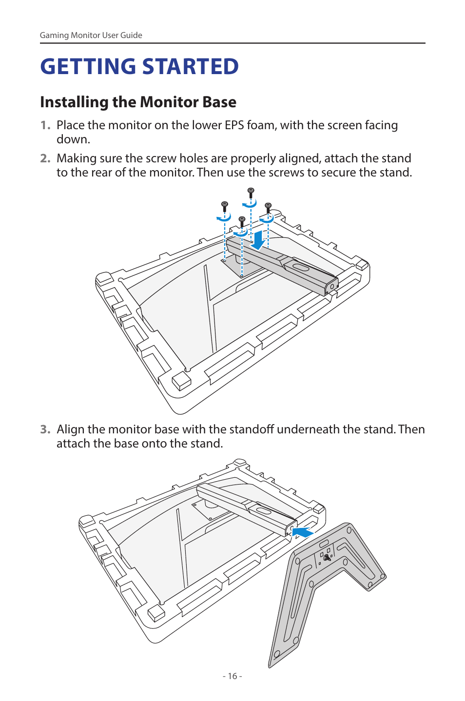 Getting started, Installing the monitor base | GIGABYTE G32QC A 31.5" 1440p HDR 165 Hz Curved Gaming Monitor User Manual | Page 16 / 42