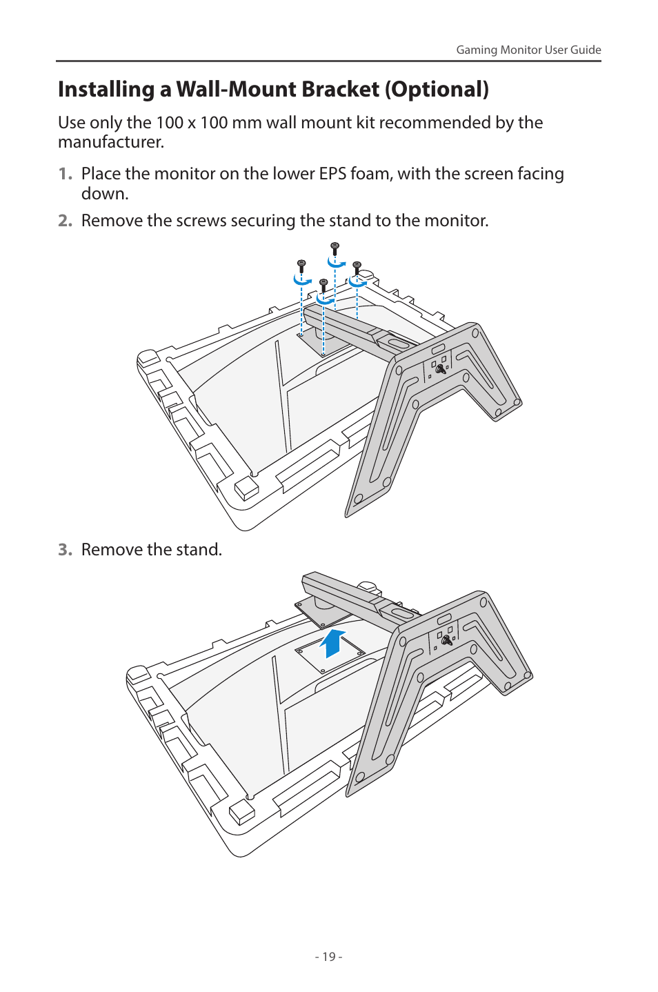 Installing a wall-mount bracket (optional) | GIGABYTE G32QC A 31.5" 1440p HDR 165 Hz Curved Gaming Monitor User Manual | Page 19 / 42