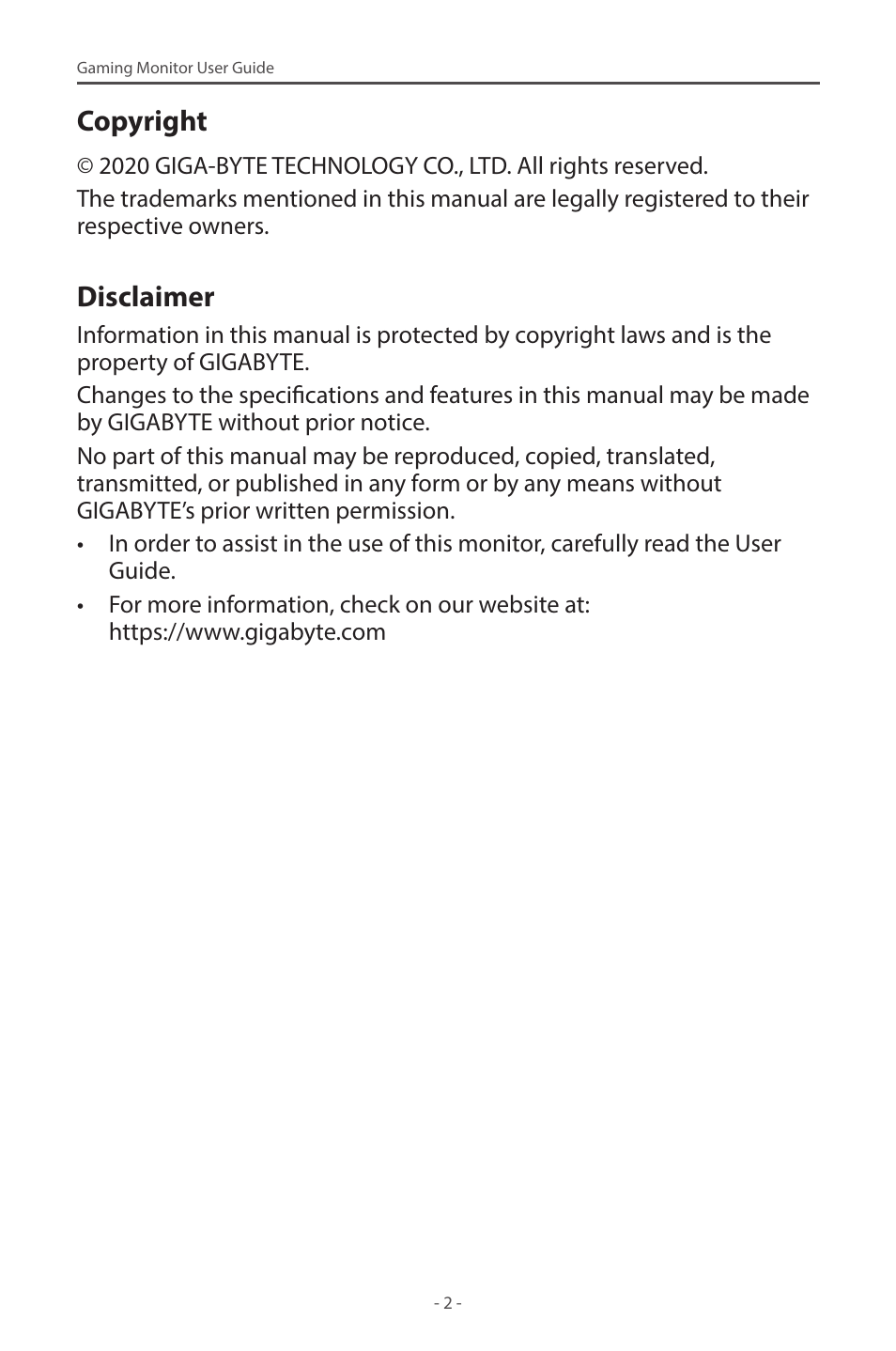 Copyright, Disclaimer | GIGABYTE G32QC A 31.5" 1440p HDR 165 Hz Curved Gaming Monitor User Manual | Page 2 / 42