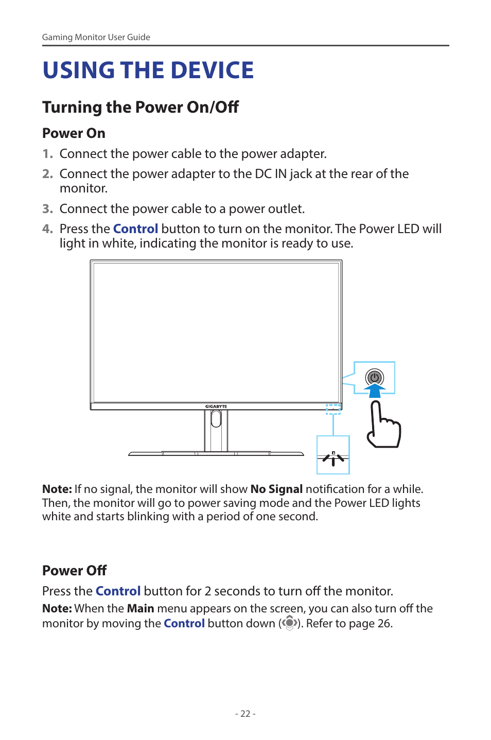 Using the device, Turning the power on/off | GIGABYTE G32QC A 31.5" 1440p HDR 165 Hz Curved Gaming Monitor User Manual | Page 22 / 42