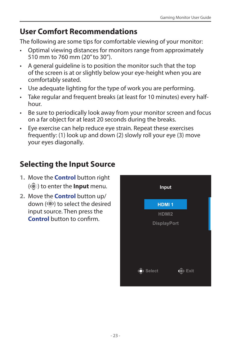 User comfort recommendations, Selecting the input source | GIGABYTE G32QC A 31.5" 1440p HDR 165 Hz Curved Gaming Monitor User Manual | Page 23 / 42