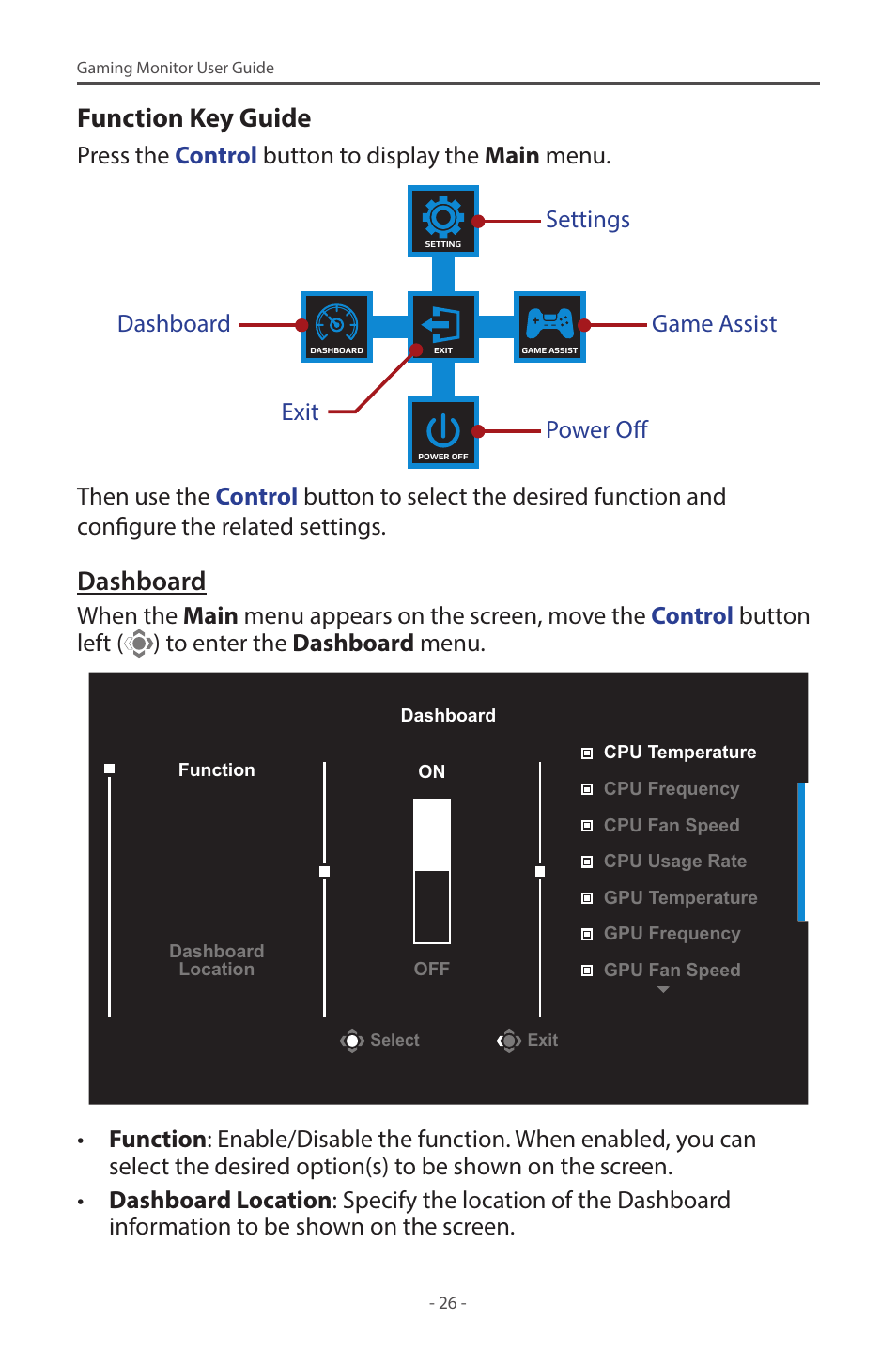 Function key guide, Dashboard | GIGABYTE G32QC A 31.5" 1440p HDR 165 Hz Curved Gaming Monitor User Manual | Page 26 / 42