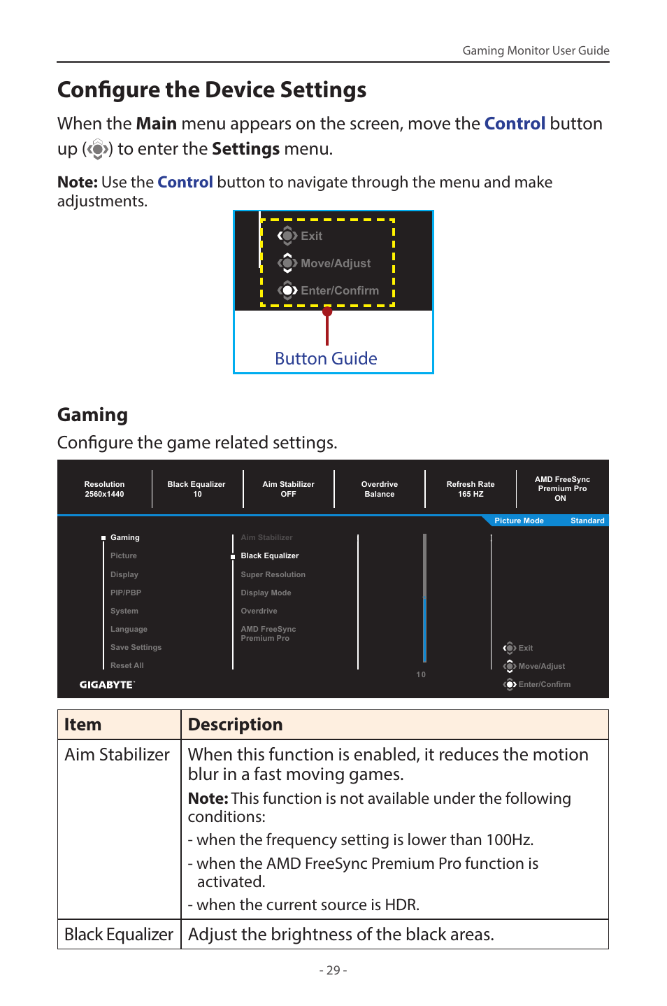 Configure the device settings, Gaming, Button guide | Configure the game related settings | GIGABYTE G32QC A 31.5" 1440p HDR 165 Hz Curved Gaming Monitor User Manual | Page 29 / 42